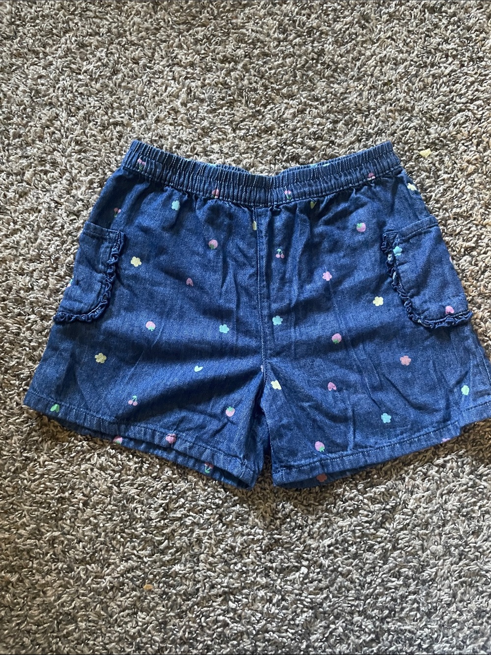 Girls' Soft Denim Shorts with Pastel Flower, Cherry, Strawberry Print